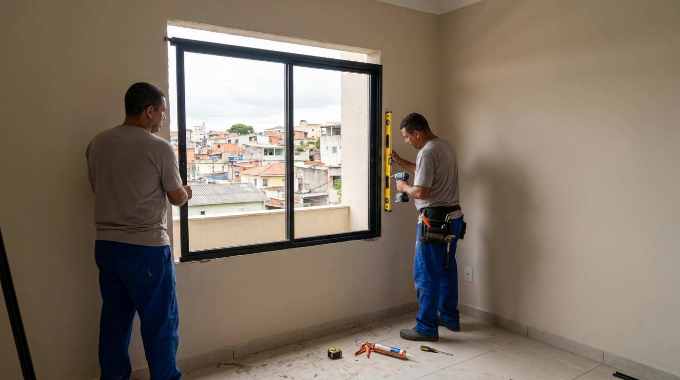 Esquadria de alumínio em quarto bege em Itaquaquecetuba-SP