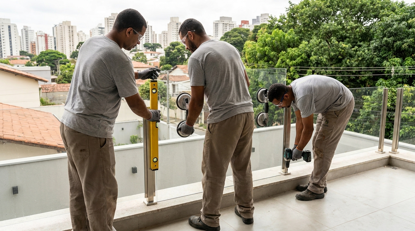 Guarda-corpo em terraço alto com vista cidade em Itaquaquecetuba-SP