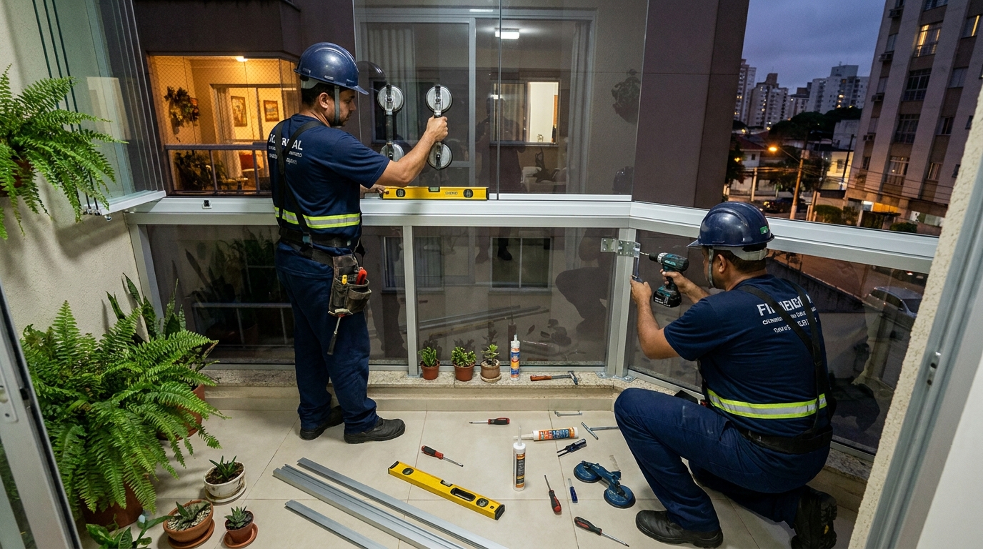 Instalação noturna de parede de vidro em Itaquaquecetuba-SP