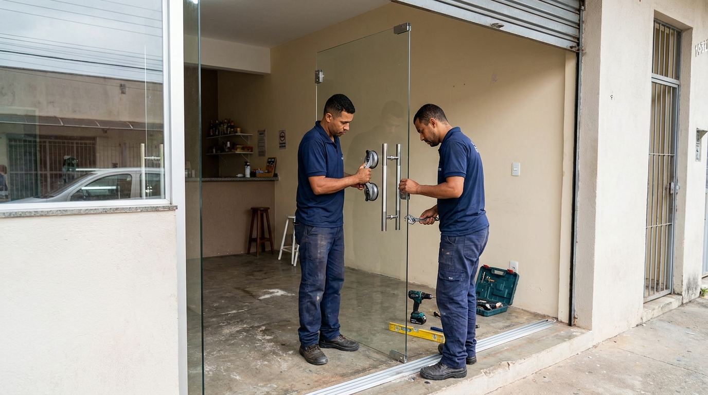 Dupla instalando porta de vidro em loja em Itaquaquecetuba-SP