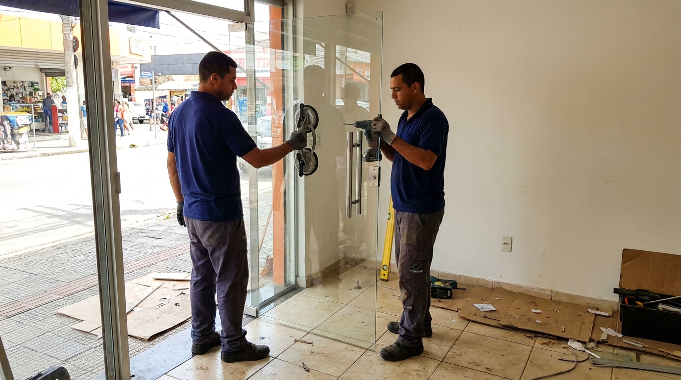 Porta de vidro de loja em rua movimentada em Itaquaquecetuba-SP